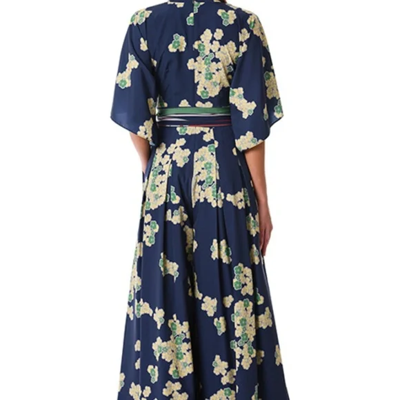eShakti Wayward Fancies Floral kimono jumpsuit pockets navy green cream deep v - Picture 3 of 12